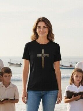 Access - NWOT Black Short Sleeve Cotton Christian Tees Wooden Cross Believe, LG.